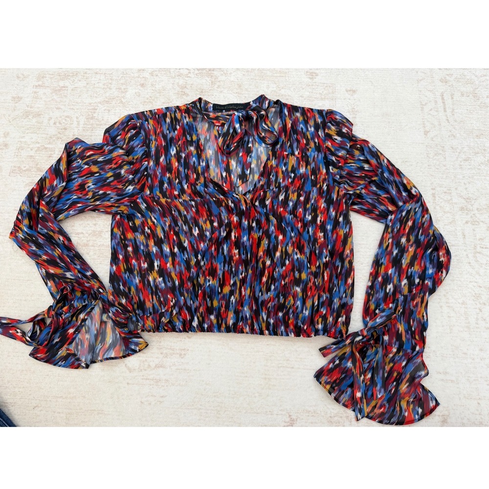 House of Harlow 1960 Multicolored Abstract Ikat Tie Neck Blouse Size Medium